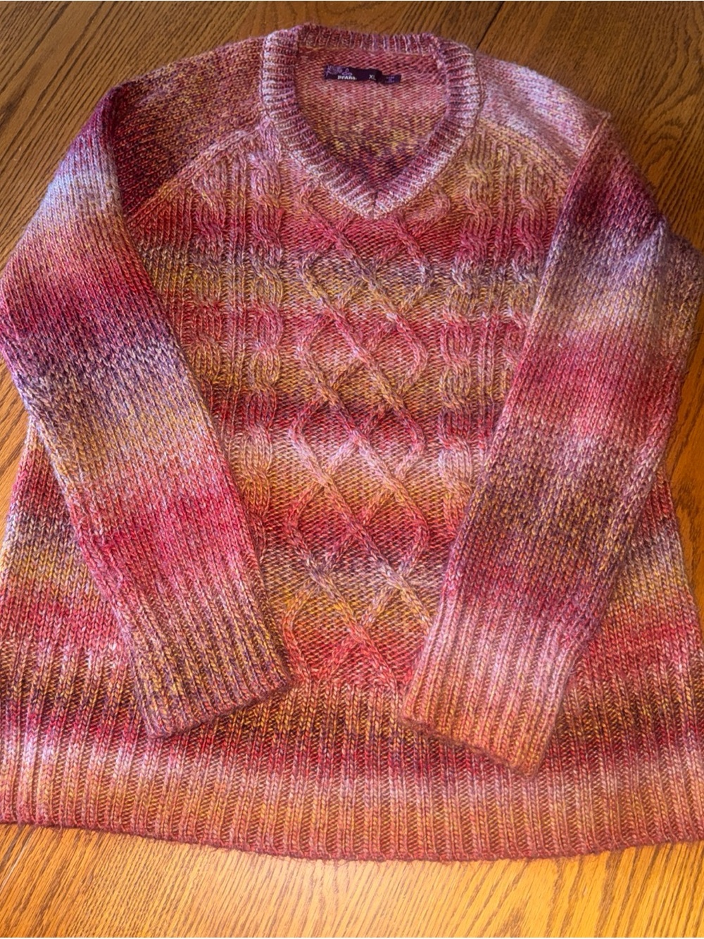 Prana Multicolor V-Neck Cable Knit Sweater in Pink and Gold Tones